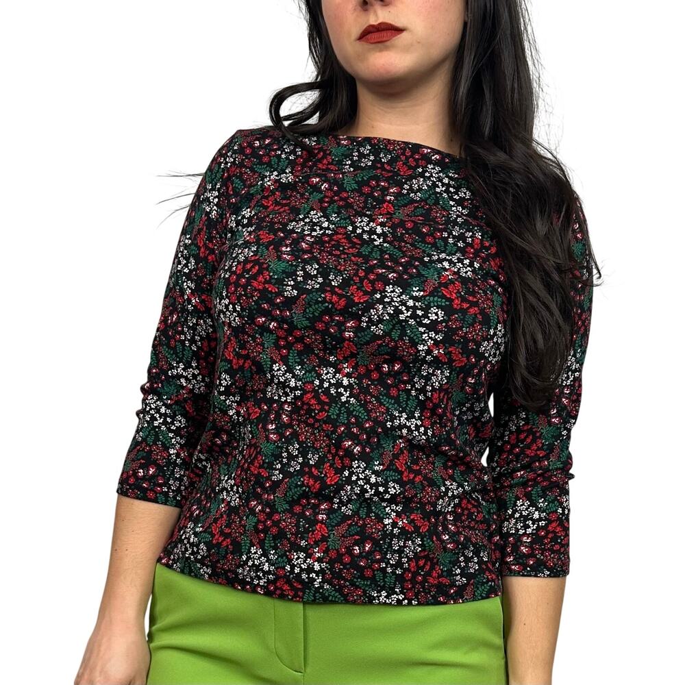 Croft & Barrow Black The Classic Boatneck Tee in Red Green & White Floral Print